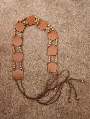 New York & Company Tan Leather and Wood Bead Waist Belt